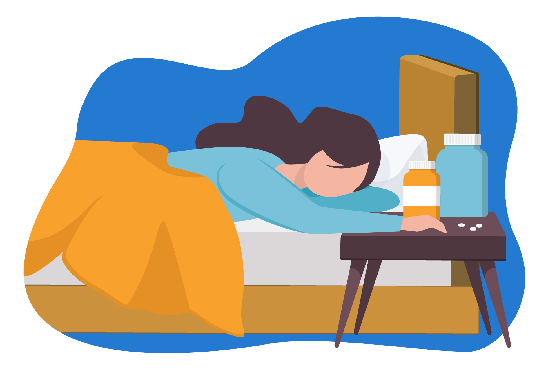 Ilustração de uma mulher deitada na cama, alcançando frascos de comprimidos.